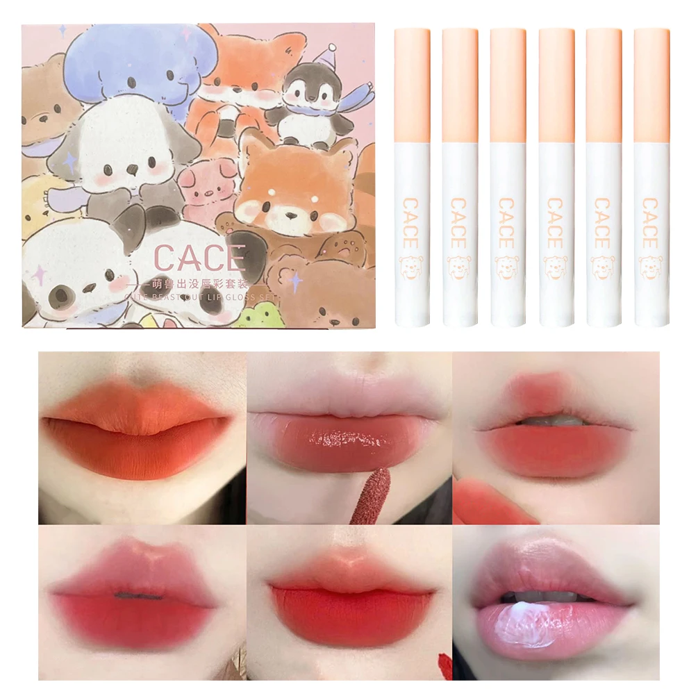 

6pcs/set Lip Gloss Cute Box Girls Gift Matte Long Lasting Non-stick Cup Lipgloss Cigarette Tube Lipstick Lip Makeup Cosmetics