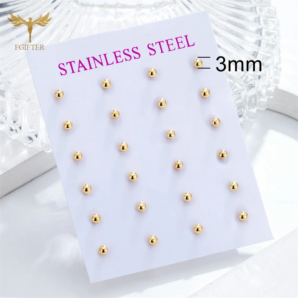 12 Pairs Pack Minimalist Half Ball Earrings for Women Men Teen Golden Stainless Steel Ear Stud Set Waterproof Jewelry Wholesale 6