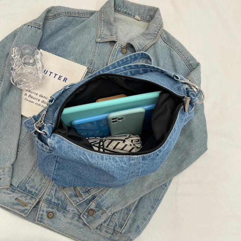 Women's minimalist and fashionable casual denim shoulder bag, zippered shopping bag, crossbody women's bag