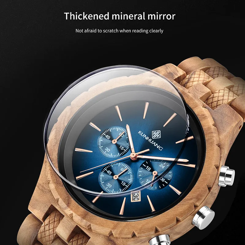 KUNHUANG Handmade Wooden Watch Multifunction Dial Mens Quartz Watch Luxury Luminous Chronograph Custom Logo relógio masculino 5