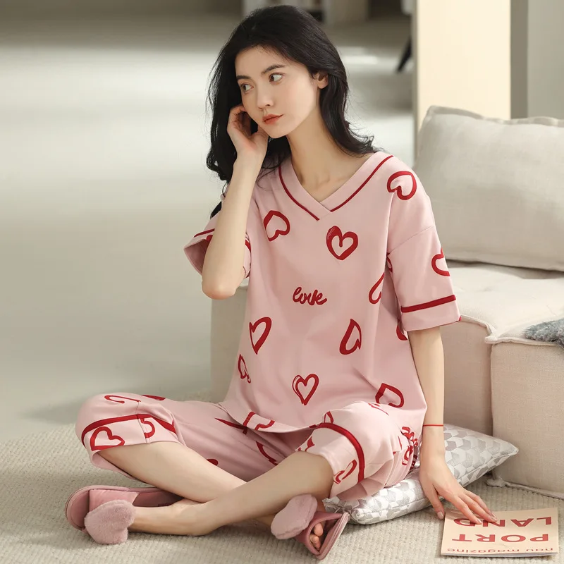 Summer new Women Pyjamas cotton Pajamas Sets Sleepwear Casual Nightwear Pijama Mujer Shorts sleeve M-2XL home clothes set