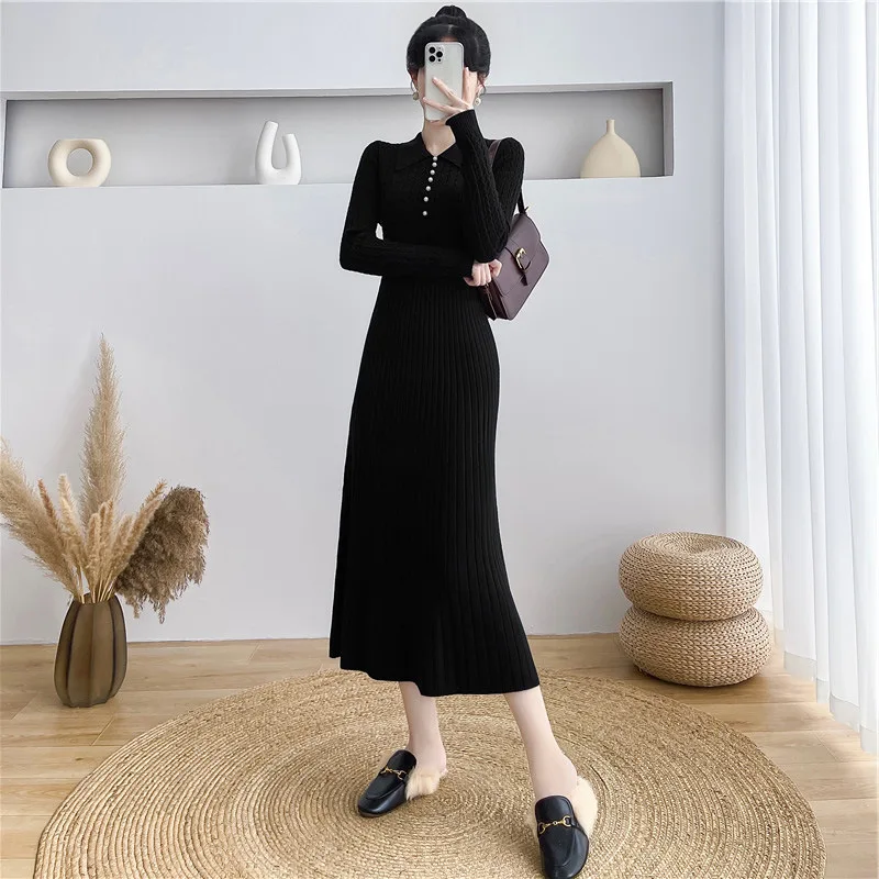 Ribbed Autumn Knit Long Dress For Women Fashion High Waist Elegant Solid Long Sleeve Dress Lapel Loose Knitwear Maxi Dress