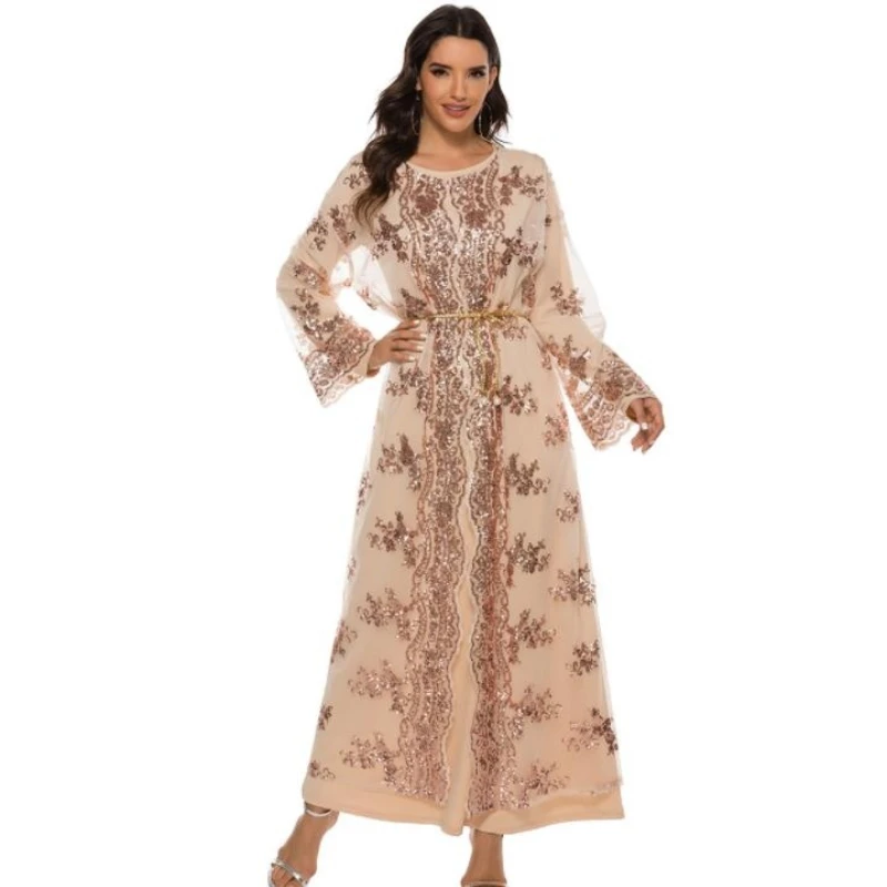 2023 Islam Abaya Dress Dubai Muslim Robe Hollow-Out Sequin Embroidery Maxi Dresses for Women Summer Sexy