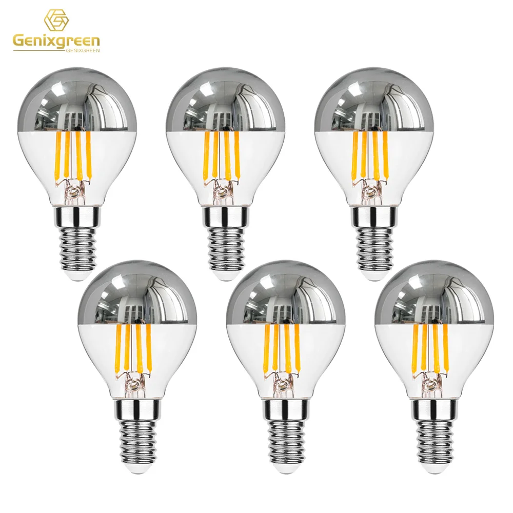 Genixgreen E12 E14 LED Mirror Light Bulb Dimmable 4W G45 Top Silver Crown  Globe 2700K Decor Corridor G14 Half Chrome Edison Bulb