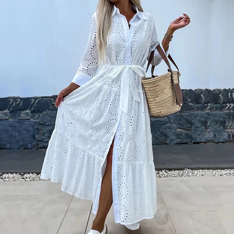 

Crochet Emboridery Hollow Jacquard Dress Women Sexy Single Breasted Lapel Shirt Dress Spring Summer Belt Pleated Boho Long Dress