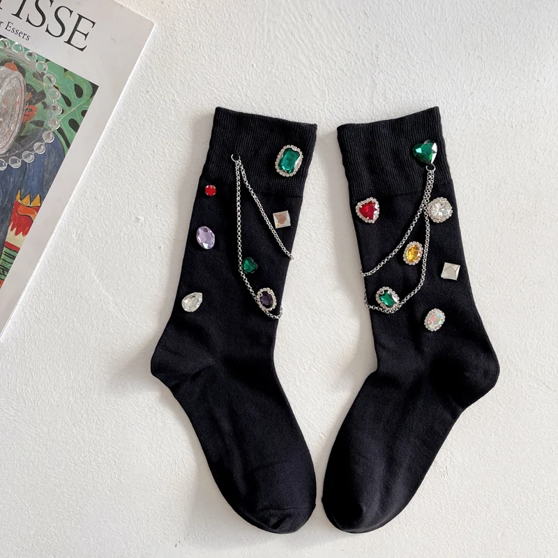 Autumn Winter Socks Luxury Handmade Shiny Rinestone Chain Bunching Socks Love Diamond Black Mid-Calf Length Ankle Boot stockings