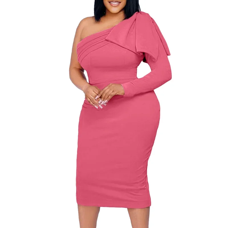 

Bow Bodycon Midi Dress African Dresses for Women 2023 Y2k Daily Elegant Sexy Outfits Ladies Party Inclined Shoulder Robe Femme
