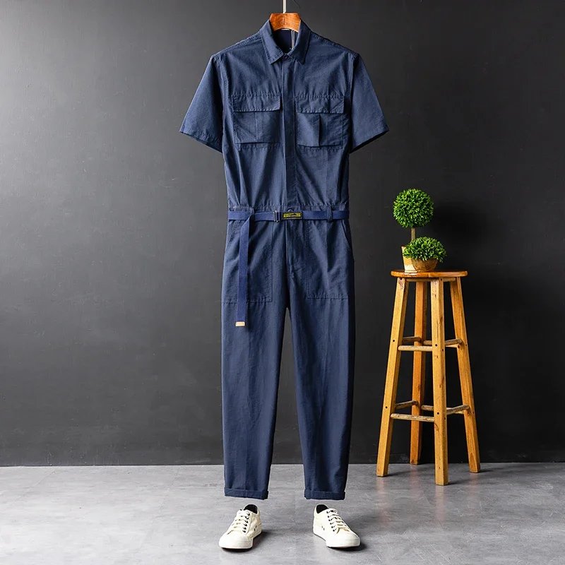 Men and Women's Vintage Short Sleeve Jumpsuit, Couple Thin Summer Clothing Set, American Fashion Brand, Casual, Navy Blue