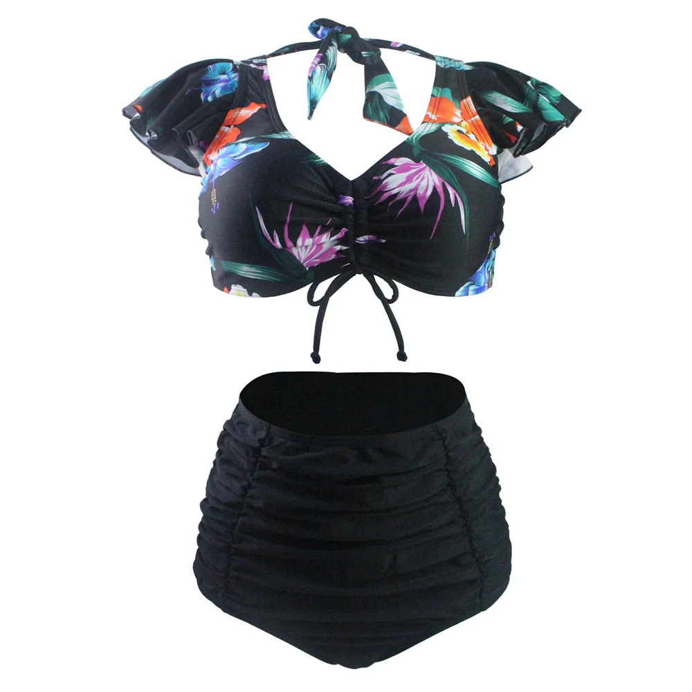 Printed swimsuit sexy bikini high-waisted triangle two-piece swimsuit women's knotted lace-up bikini