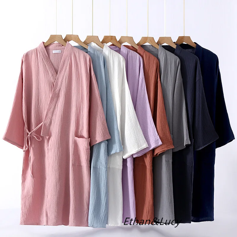 Couples Crepe Gauze Bathrobe Solid 100% Cotton Robe Long-sleeved V-neck Kimono Wedding Robes Sleepwear Plus Size Dressing Gown cotton bathrobe