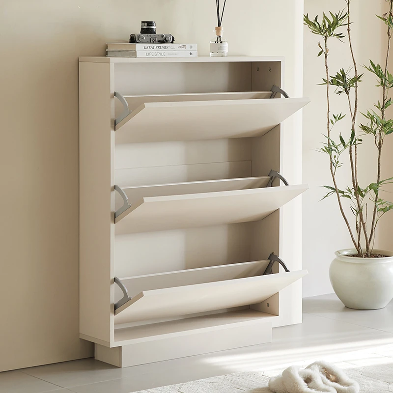 

Cream style solid wood flip bucket shoe cabinet, ultra-thin, Italian style small household entrance entrance storage cabinet