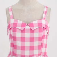 Women's Summer Dress Sexy Retro Pink Dot Plaid Spaghetti Strap Gown High Waist Party Clothes - Image 5