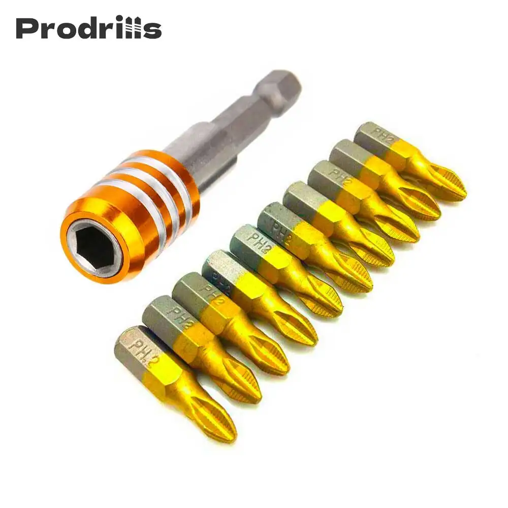 10pcs 25mm 1/4" Shank Anti Slip PH2 Titanium Coated Screwdriver Drill Bits With Quick Release Holder Extension Bar Hand Tools