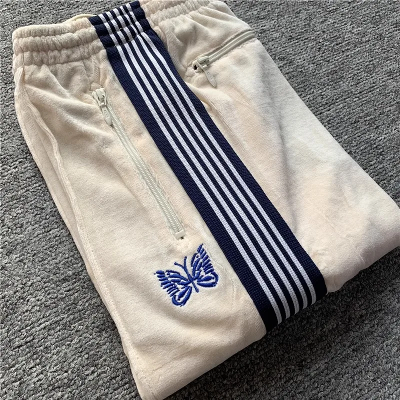 Butterfly embroidery velvet track sweatpants men women oversized striped pants casual sports pants