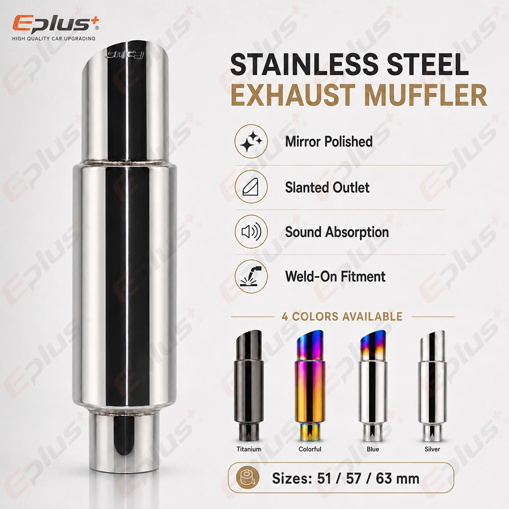 EPLUS Universal Car&Motorcycle Stainless Steel Exhaust Muffler Slant Cut Tip Car Exhaust Resonator 51/57/63mm Inlet