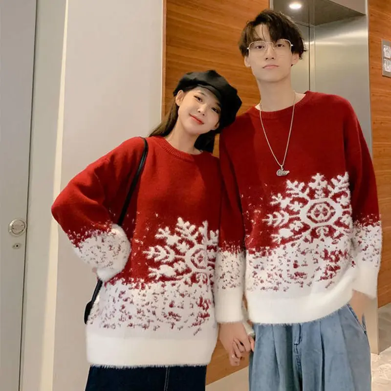 2023 New Round Neck Red Couple Christmas Sweater Soft Thick Snowflake Pattern Ins Vintage Loose Pullovers Men\'s Winter Sweater