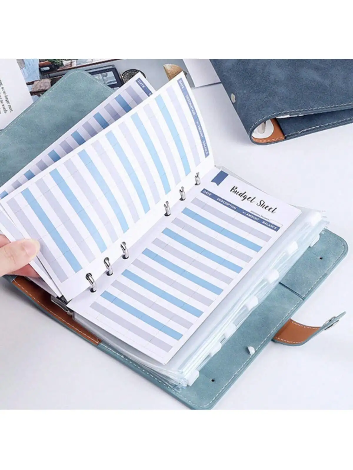A6 Faux Leather Button Closure Loose Leaf Binder With Cash Envelope Pockets & Replacement Storage Bag ,Used for Bookkeeping, Sav 4