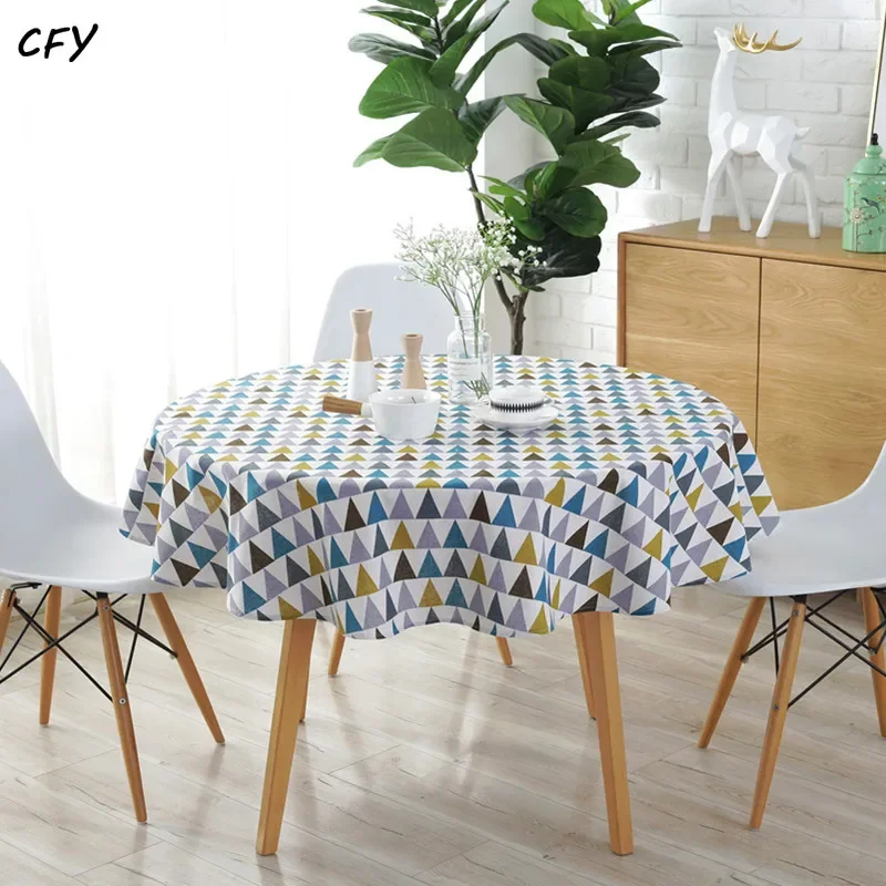 Cotton Linen Korean  style Yellow Plaid Geometry Round Tablecloth for Coffee Tables Table Cover Round Table Tablecloth