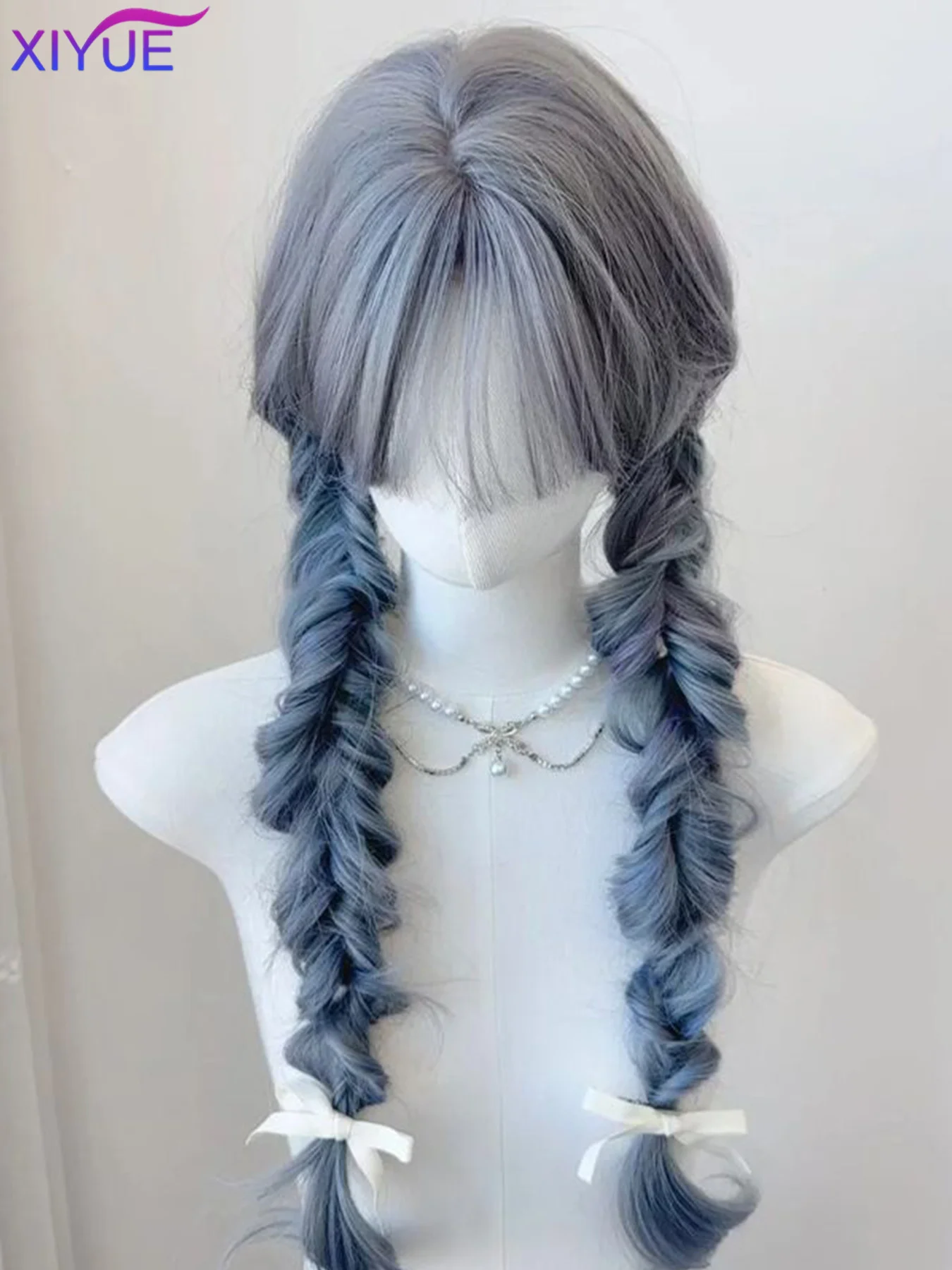 XIYUE Blue Gradient Black Color Synthetic Wigs With Bang Long Natural Straight Hair Wig For Women Cosplay Heat Resistant