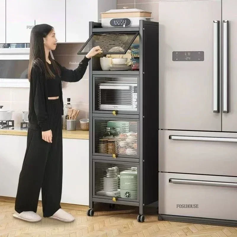 Nordic Metal Kitchen Cabinets Multi-layer Storage Rack with Wheels Refrigerator Seam Cabinet Home Cupboard Storage Cabinet