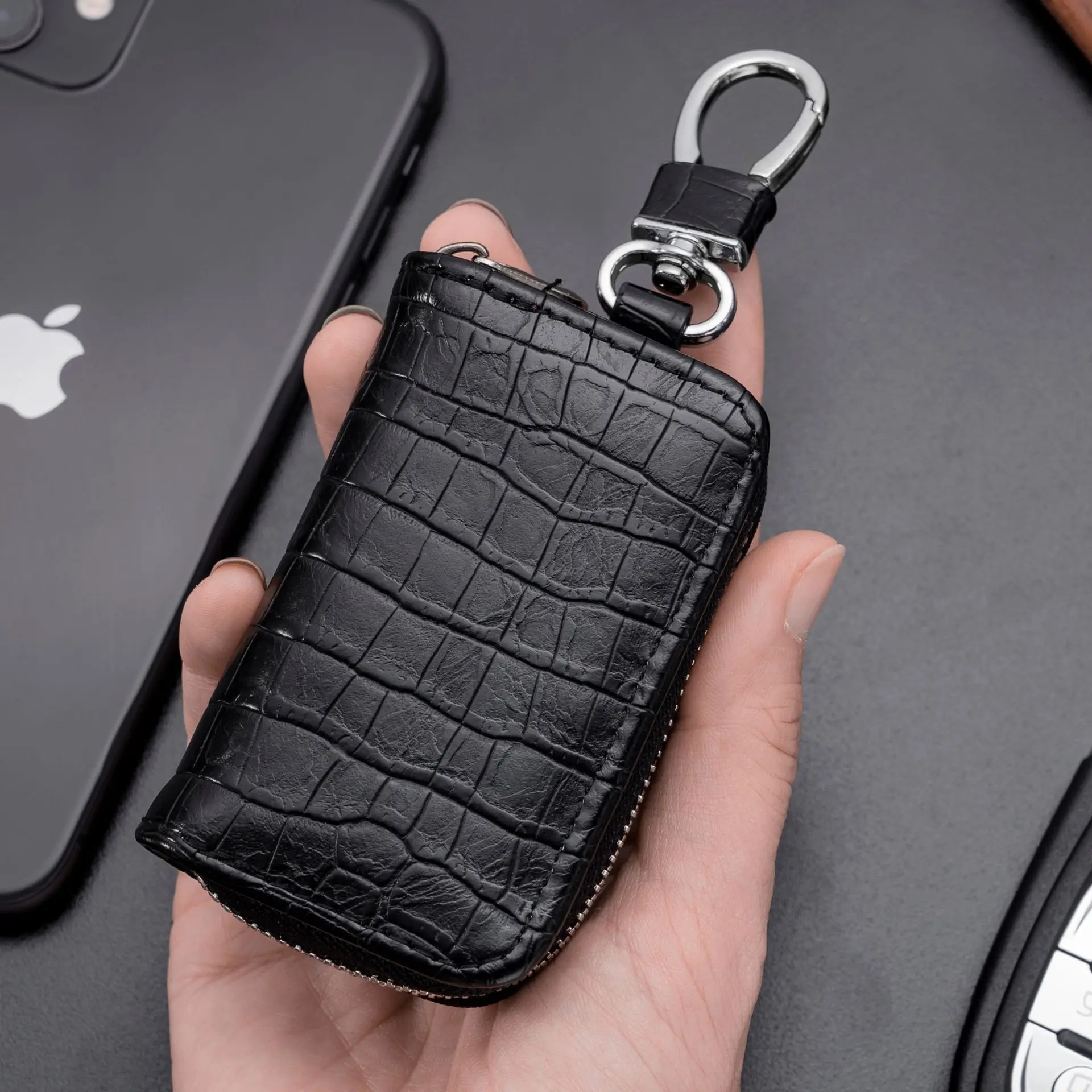 Fashion Pu Leather Car Key Bag Unisex Crocodile Print Zipper Key Housekeeper Cow Split Leather Key Organizer Case Wallet For Men