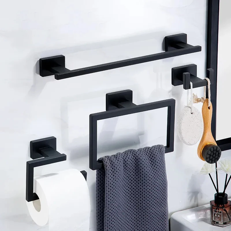 Bathroom Hardware Set Black/ Gold Stainless Steel Towel Holder Roll Paper Holder Square Towel Ring Robe Hook Bathroom Shelf Set