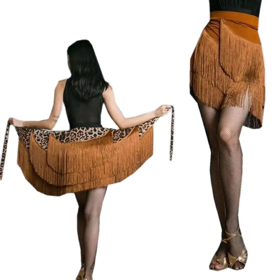 Latin Dance Skirt Leopard Print for Women Glitter Twinkle Fringe Wrap Skirt for Satge Performance Ballroom Costume Rave Party dance skirt