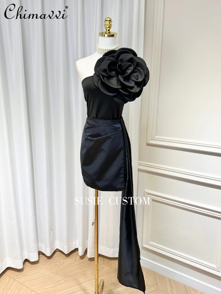 Three-Dimensional Flower Sloping-Shoulder Off The-Shoulder Slim-Fit Jumpsuit Women 2023 Autumn New High Waist Satin Ribbon Skirt