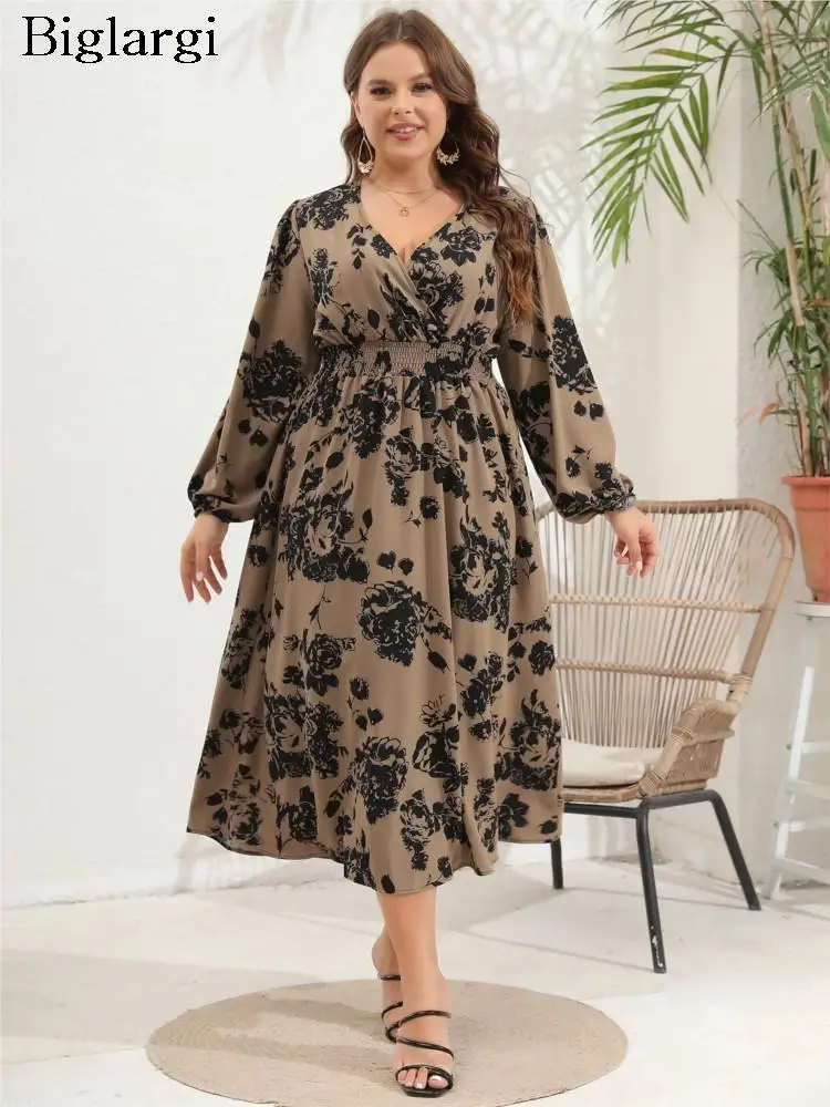 

Plus Size Autumn V-Neck Midi Dress Women Floral Flower Print Fashion Ruffle Pleated Ladies Dresses Long Sleeve Woman Dress 2023