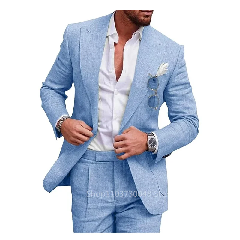 Light Blue/Beige Linen Wedding Men Suit Casual Single Breasted Slim Fit Blazer Pants High Quality Summer 2 Piece Costume Homme 3