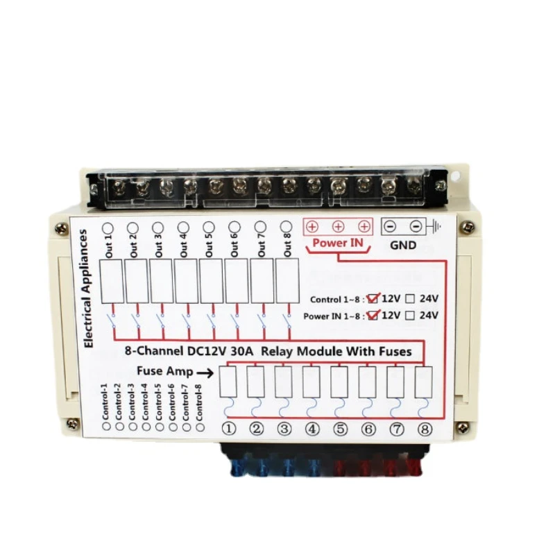 8-Channel DC 12V 24V 30A Relay Module Fuses Patent Caravan Camper Automotorhome RV Part