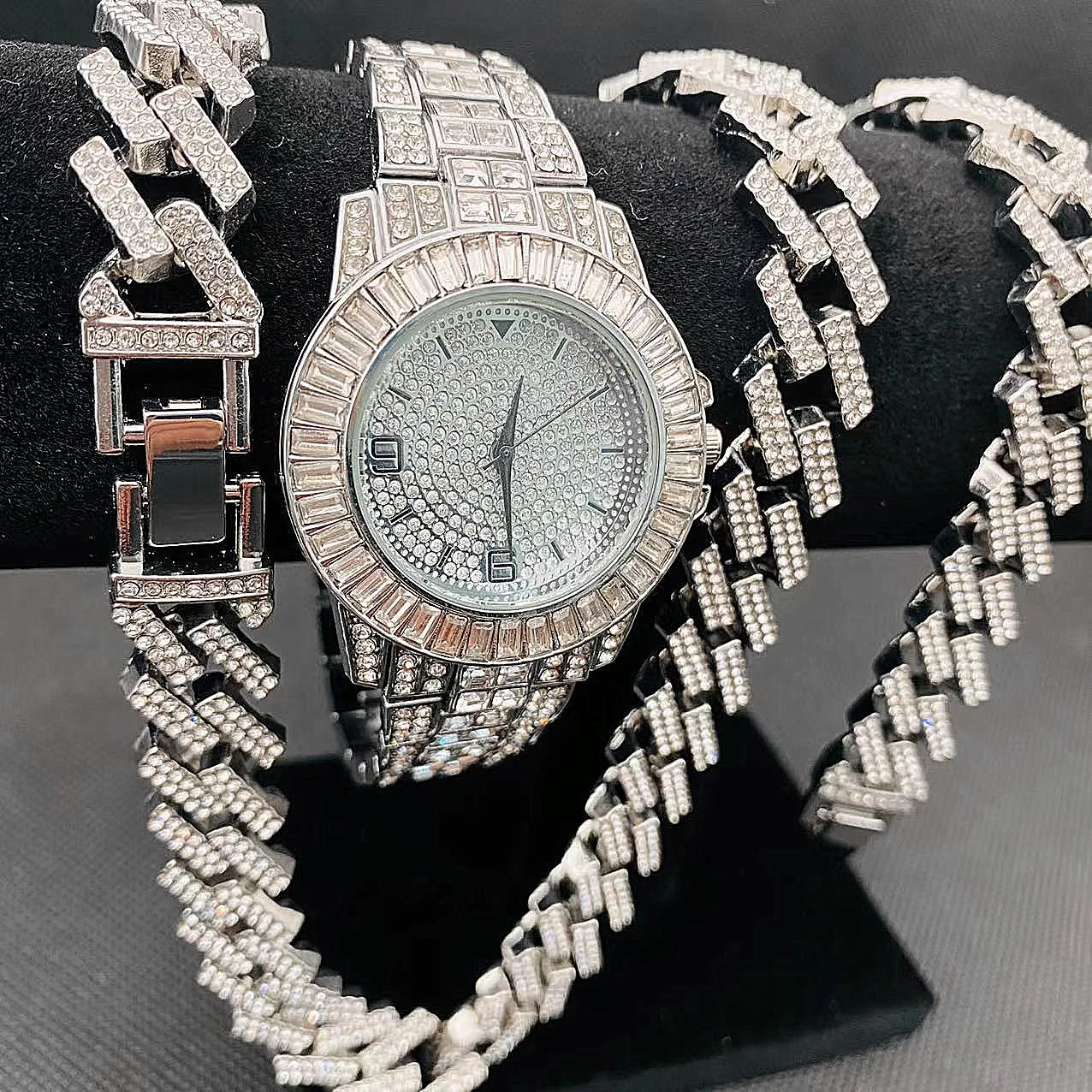 3PCS Hip Hop Jewelry Set Mens Women Iced Out Watch Necklaces Bracelet Bling Diamond Cuban Chains Choker Gold Watch for Men Reloj