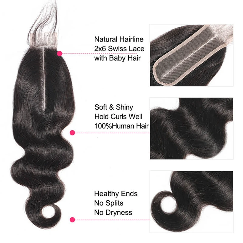 Human hair closure 2x6 body wave hand tied transparent 2x6 HD lace wavy Remy hair
