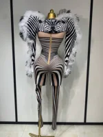 Women Long Sleeve Zebra Stripes Bodycon Jumpsuit Two Piece Set Birthday Party Nightclub Stage Performance Halloween Rompers - Image 4