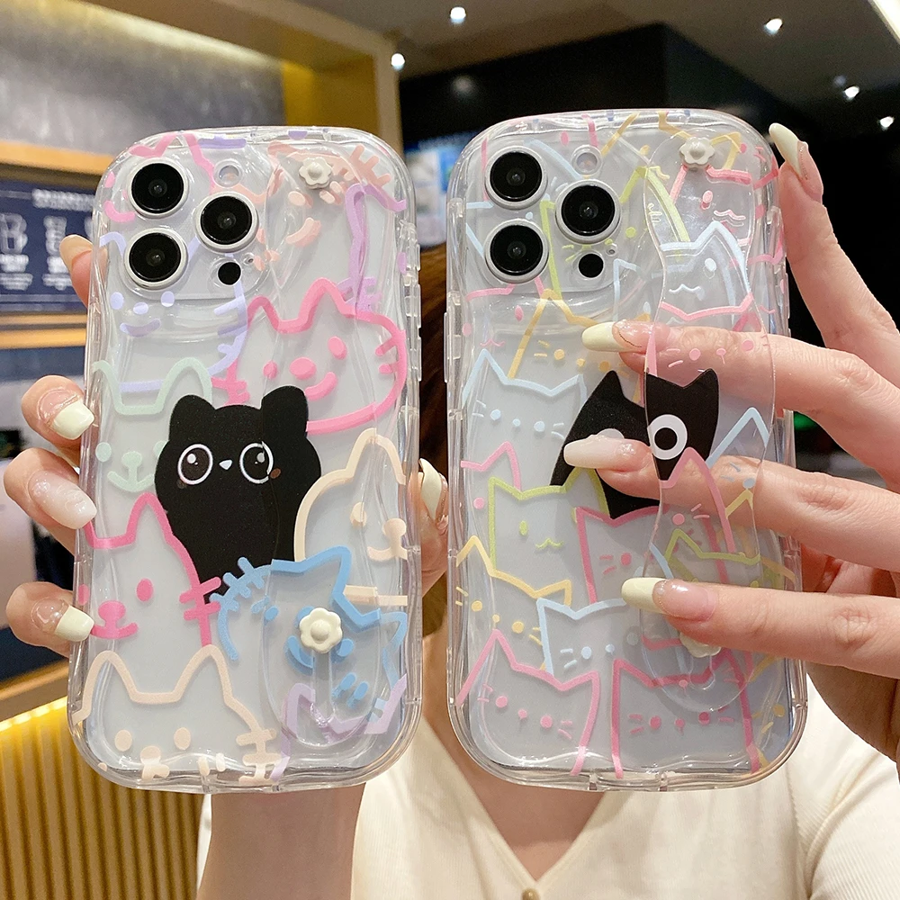 Colorful Cat Wrist Strap Phone Holder Case