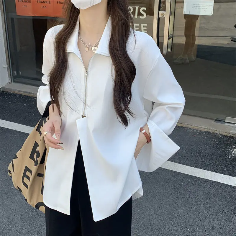 2024 Herbst Streetwear Langarm weißes Hemd und Bluse Frauen minimalist ischen Reiß verschluss übergroße Damen hemden weibliche Kleidung y2k Top – Detail 5
