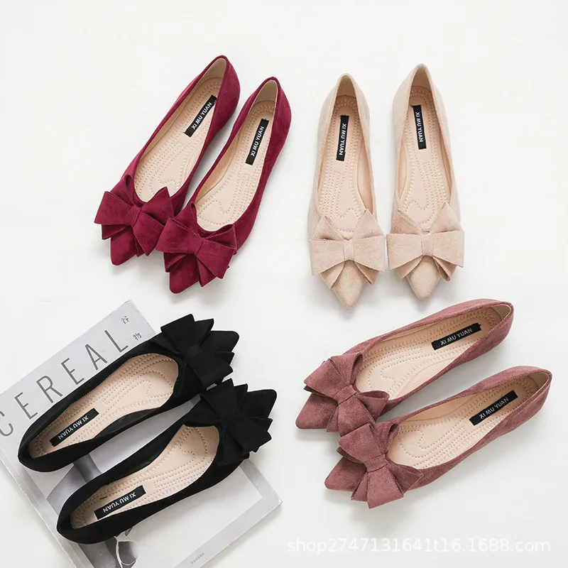 

2022 Autumn New Bow Pointed Toe Flat Shoes Women Wedding Shoes Flock Leather Big Bowknot Solid Color Plus Small Size 33 34 43 44