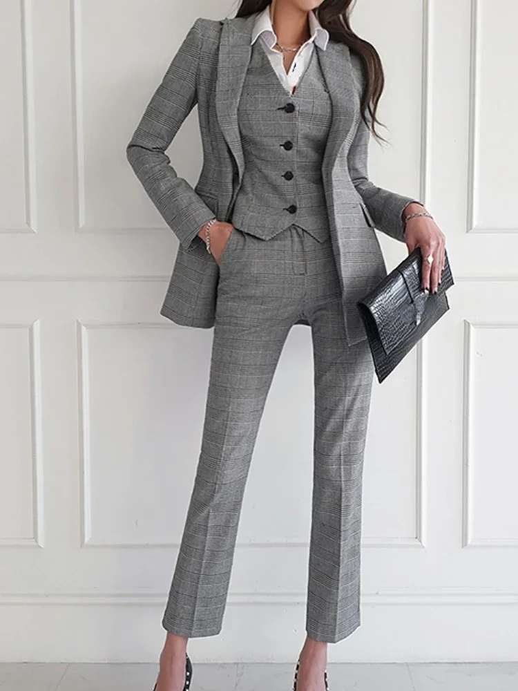Women Plaid 3-piece Pants Sets