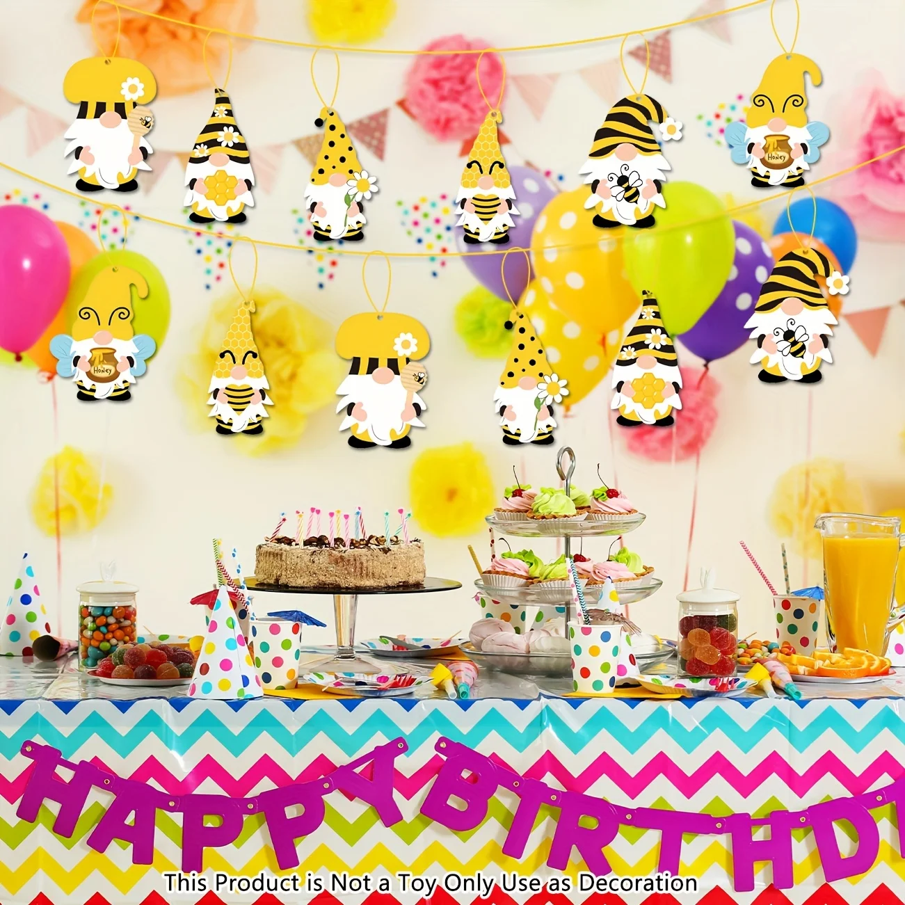 Bee Gnome Hanging Ornament 24Pcs Spring Summer Decoration Yellow Honeybee Gnome with Hat Pendant for Birthday Party Decor