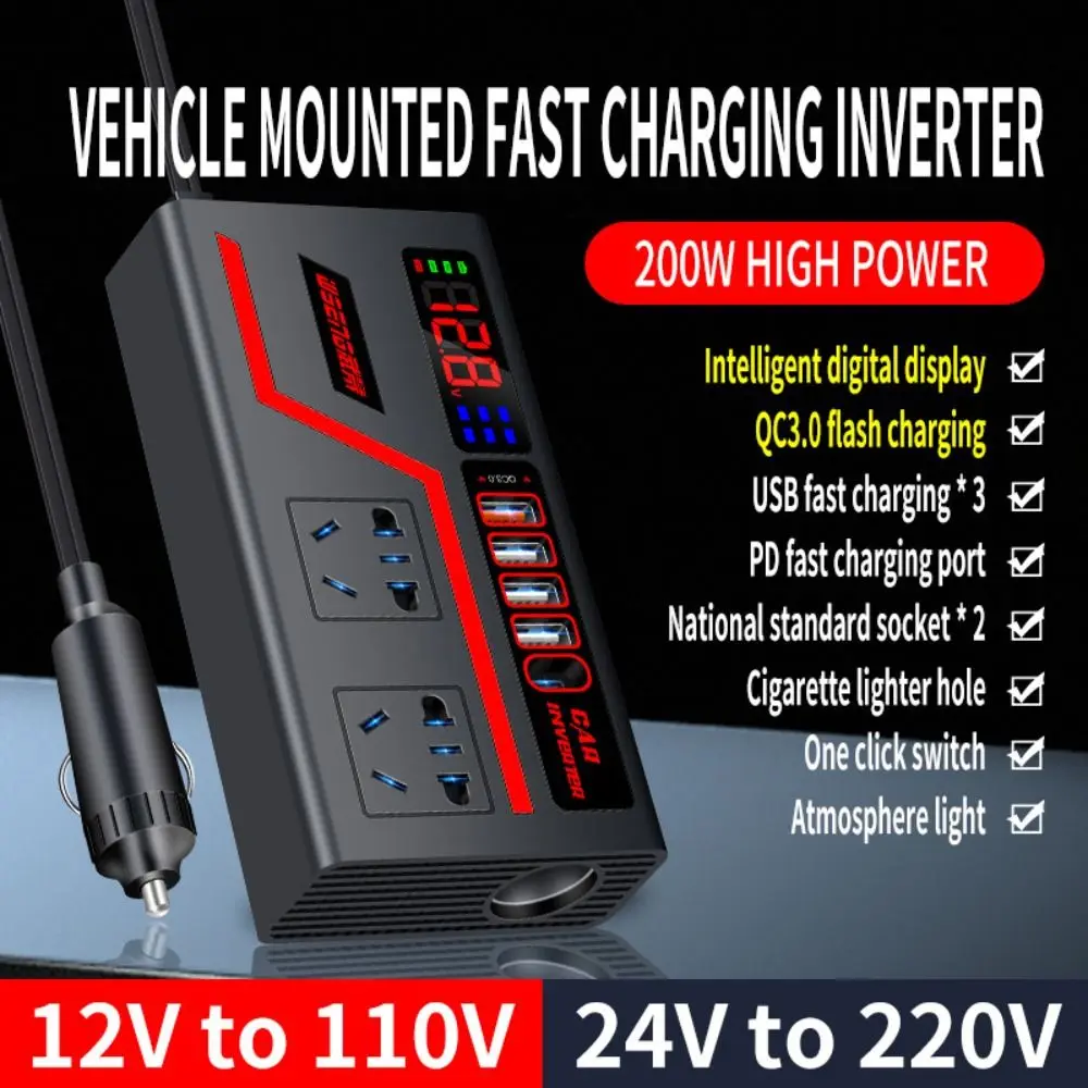 유니버설 차량용 인버터 200W 고출력 QC 3.0 USB/타입 C 충전기 차량용 컨버터 디지털 디스플레이 DC 12V/24V - 220V 전원 어댑터