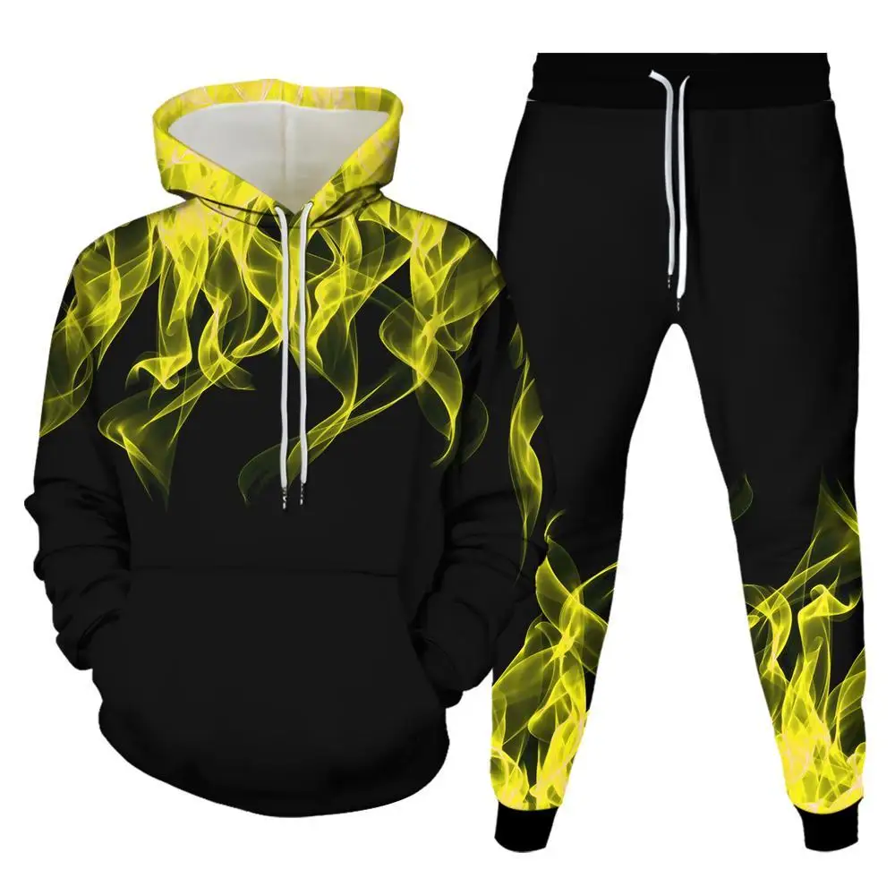 2023 Fashion 2 Piece Flame 3D Printing New Unisex Hoodie Jogging Pants Brand Men's Pullover Hooded Sweatshirt Couple Set