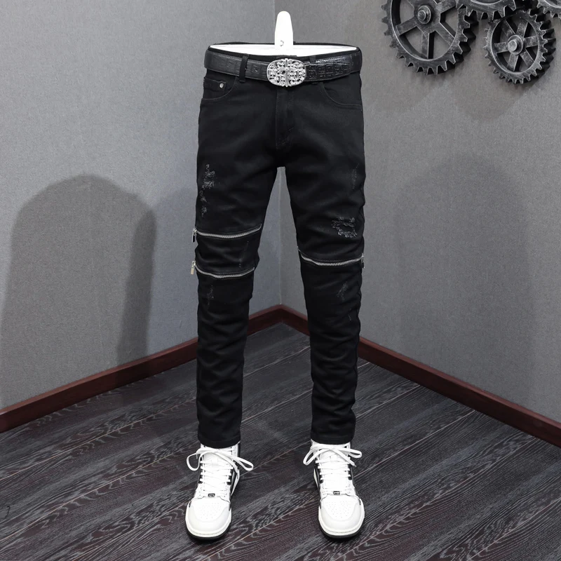 High Street Fashion Men Jeans Black Elastic Stretch Skinny Ripped Jeans Men Zipper Designer Spliced Hip Hop Punk Pants Hombre