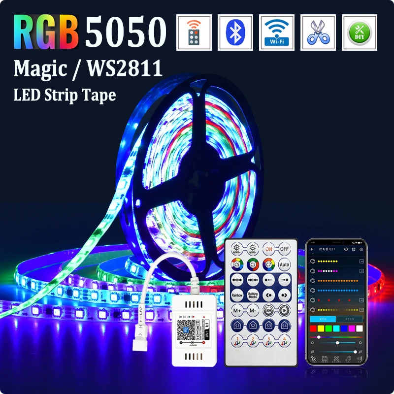 Magic LED RGB WS2811 DC12V Waterproof Dream Light With IC Chip 5050 SMD Flexible Ribbon Tape 5M 10M 15M 20M Phone APP Control rgb led strip lights 2835 flexible ribbon led light strips dc12v 5m 10m with remote control for living room bed room kitchen