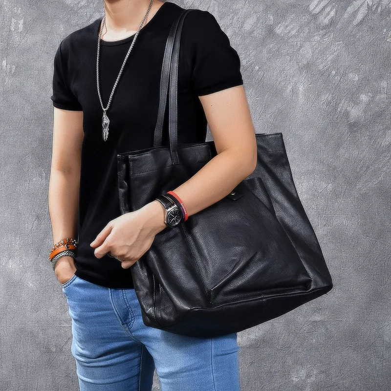 Vintage crazy horse cowhide men's large-capacity tote bag high-quality natural genuine leather shoulder bag travel handbag