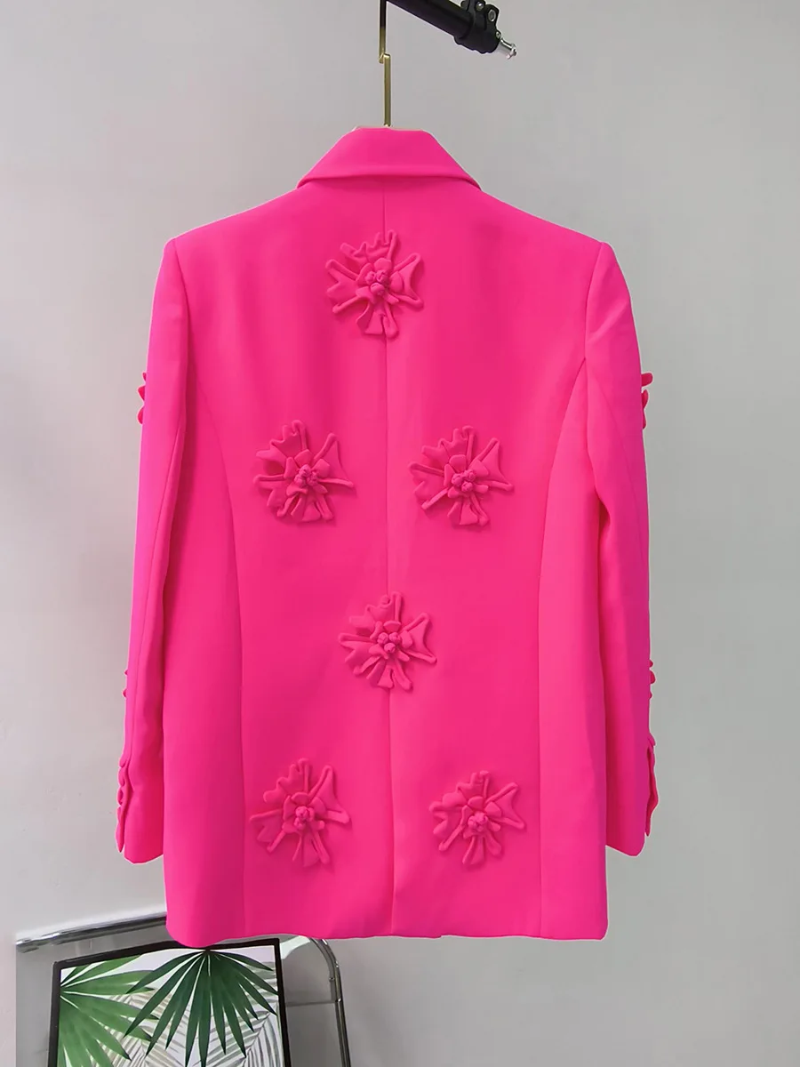 Rose Red Suits Set for Women Fashion Jacket Flower Design Flared Pants 2 Piece Pantsuits Coat + tROUSERS