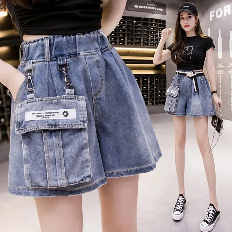 Elastic Waist Cargo Denim Shorts Women 2024 New Summer Fashion Casual Detachable Pocket Outside Wear Wide-Leg Pants Jeans Short