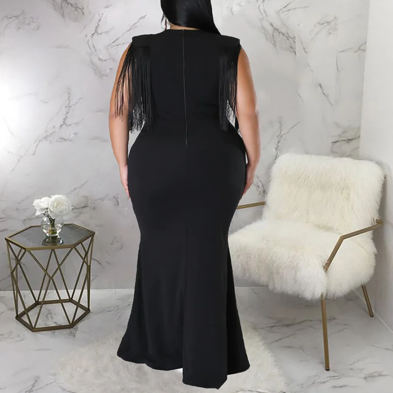 Temperament Back Zipper Slim Plus Size Party Dress Summer Women Sexy V-Neck Patchwork Tassel Sleeveless Bag Hip Maxi Long Dress