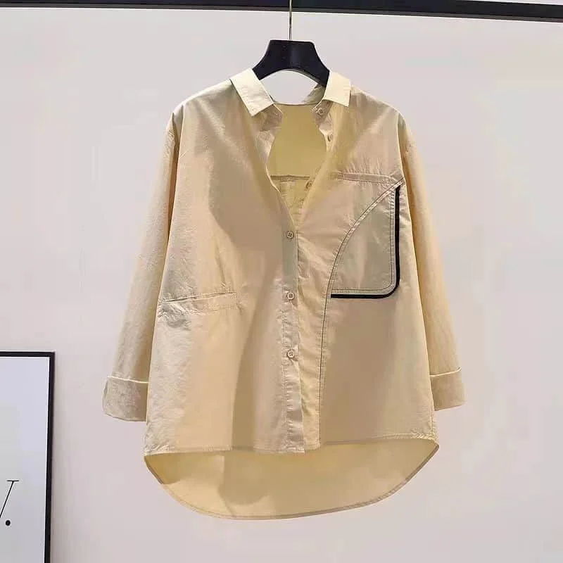 

95% Cotton Shirts Apricot Loose Fitting Long Sleeve Basic Casual Trend Korean Style Fashion Polo-neck Blouse Women Office Tops