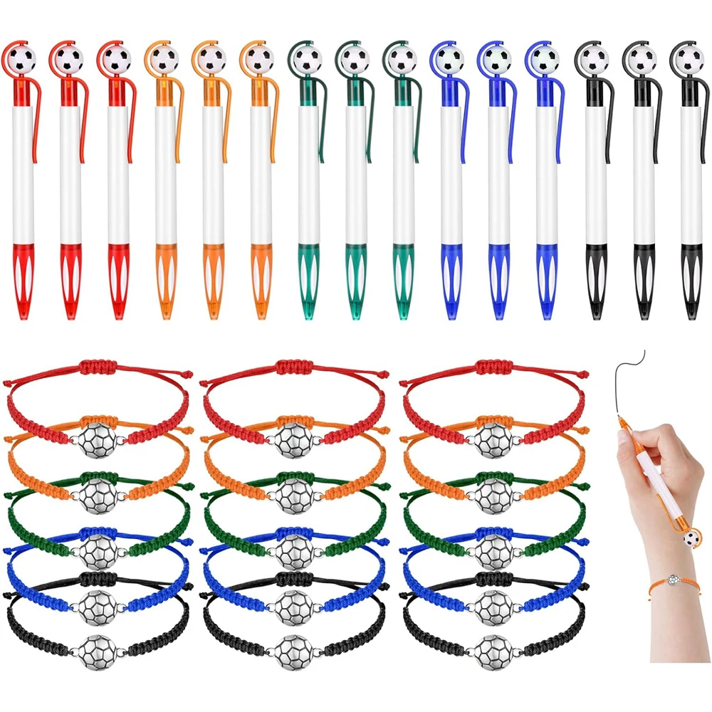 Sports Themed Party Gift Set Football Themed Adjustable Bracelet Ballpoint Pen for Children and Youth Team Members 30