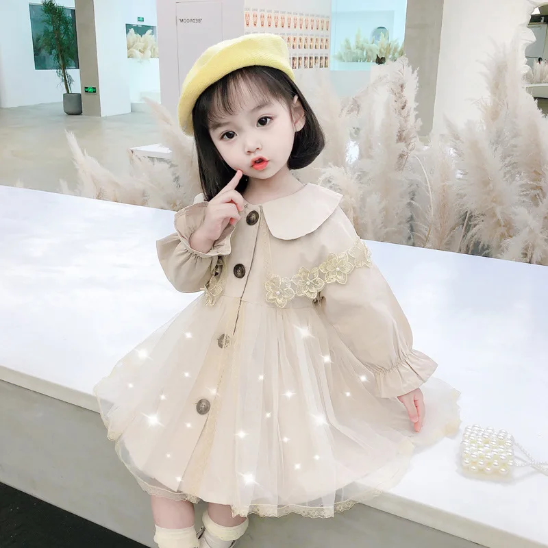 Trench Girls Windbreaker Coat Spring Autumn New Children Clothing Doll Collar Mesh Yarn Baby Middle Length Tops